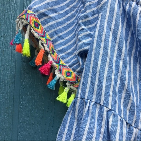 Entro Striped Off the Shoulder Tassel Blouse Top Shirt Boho - Picture 4 of 5